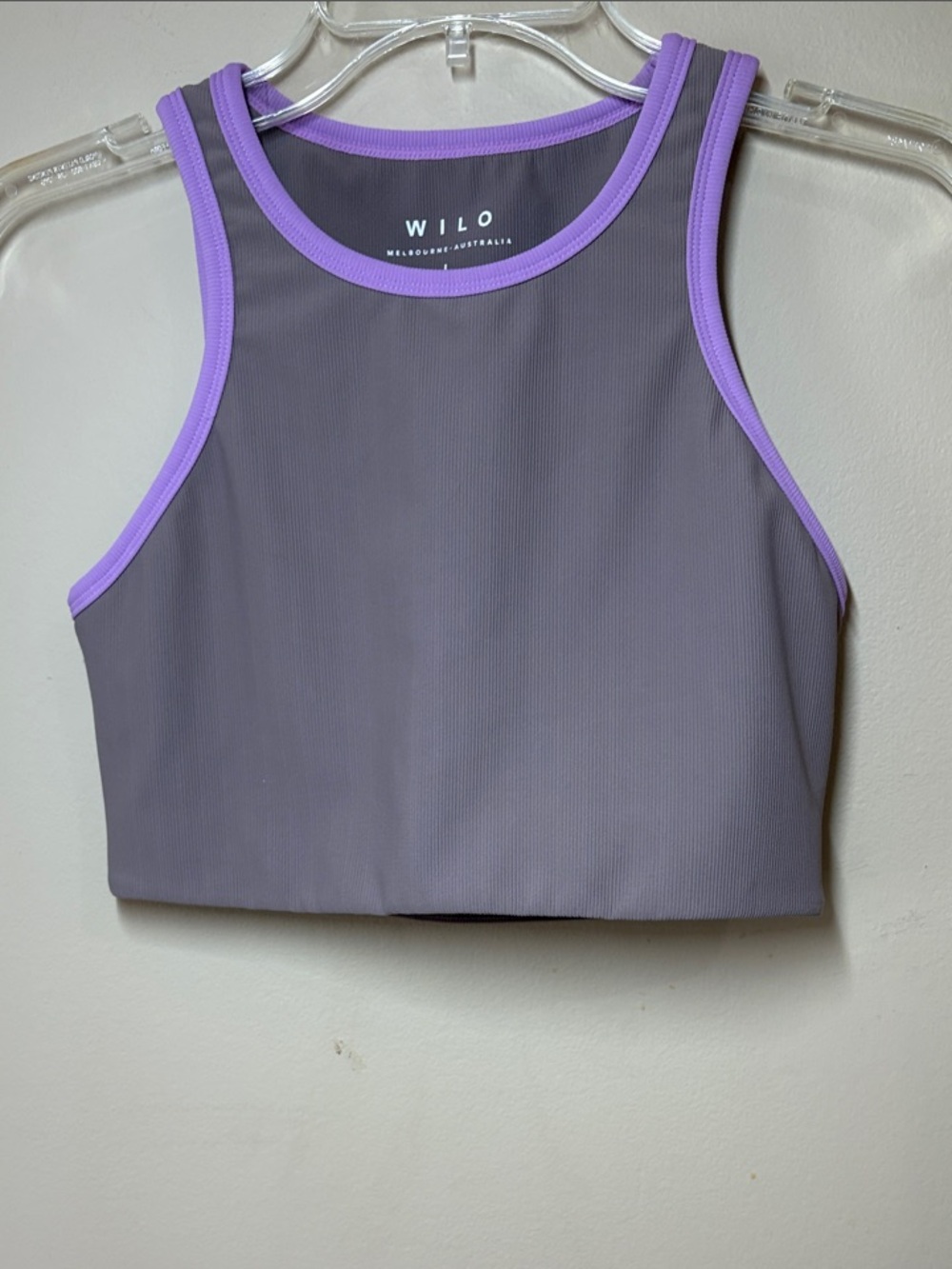 Wilo Cropped Ribbed Tank Sports Bra Light Brown with Lavender Trim, L